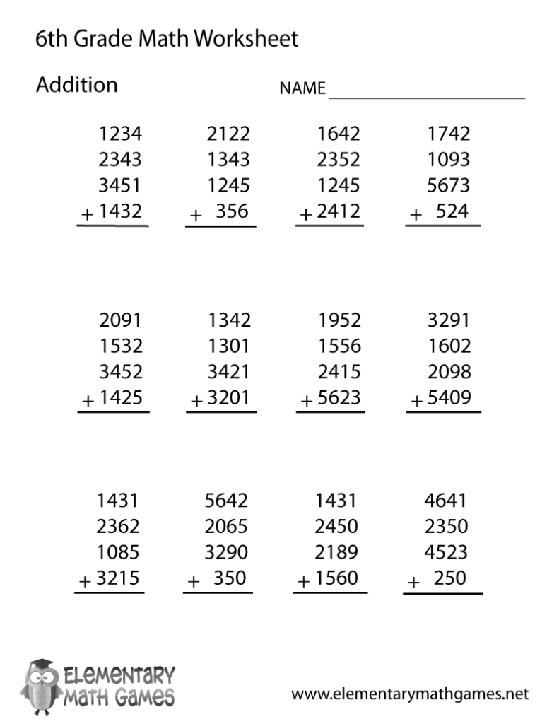 6th grade math worksheet with addition problems