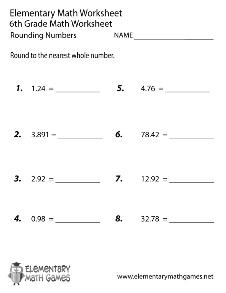 Elementary math rounding worksheet with eight decimal problems