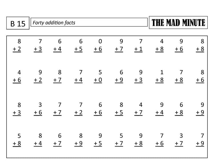 Forty addition facts worksheet with number problems