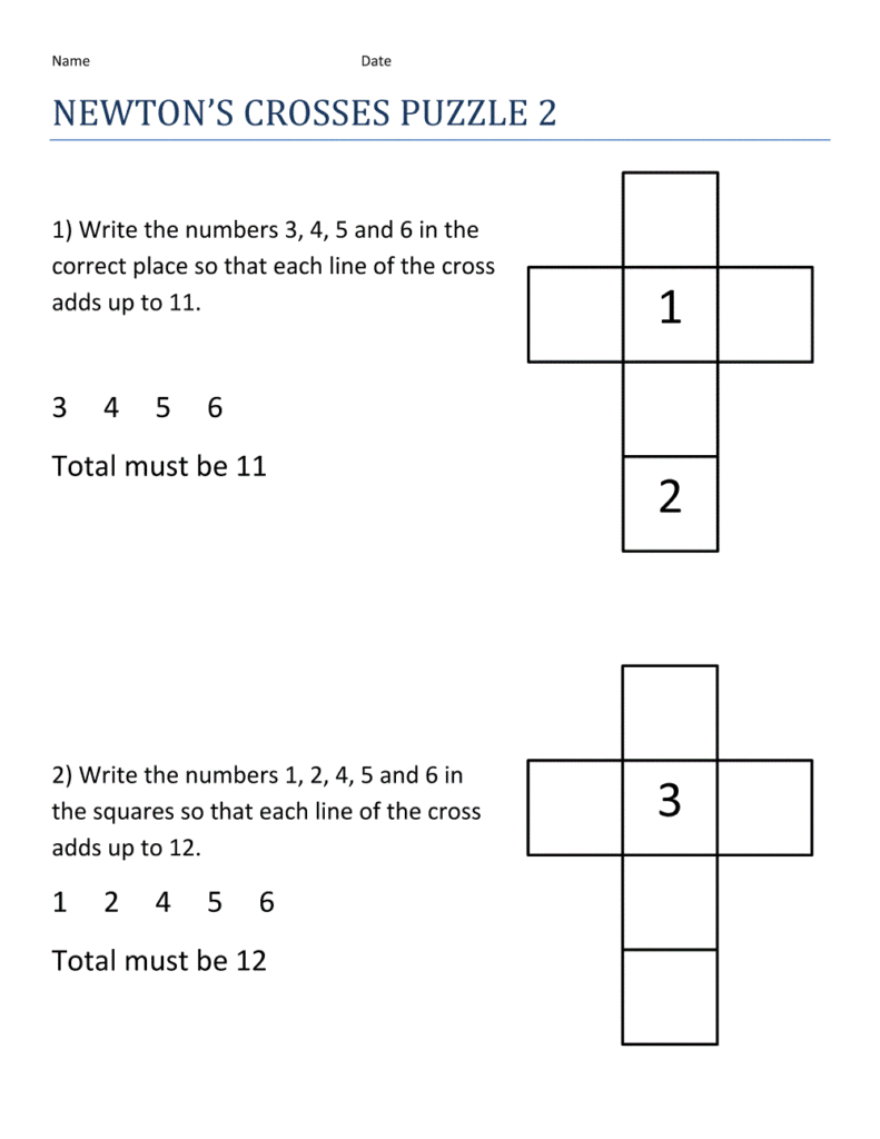 Newton’s crosses puzzle worksheet with cross grids and numbers