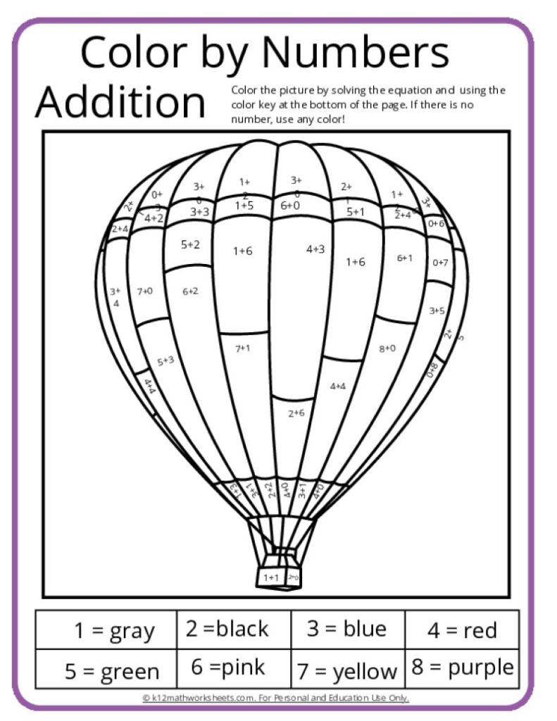 Hot air balloon color-by-numbers addition worksheet page