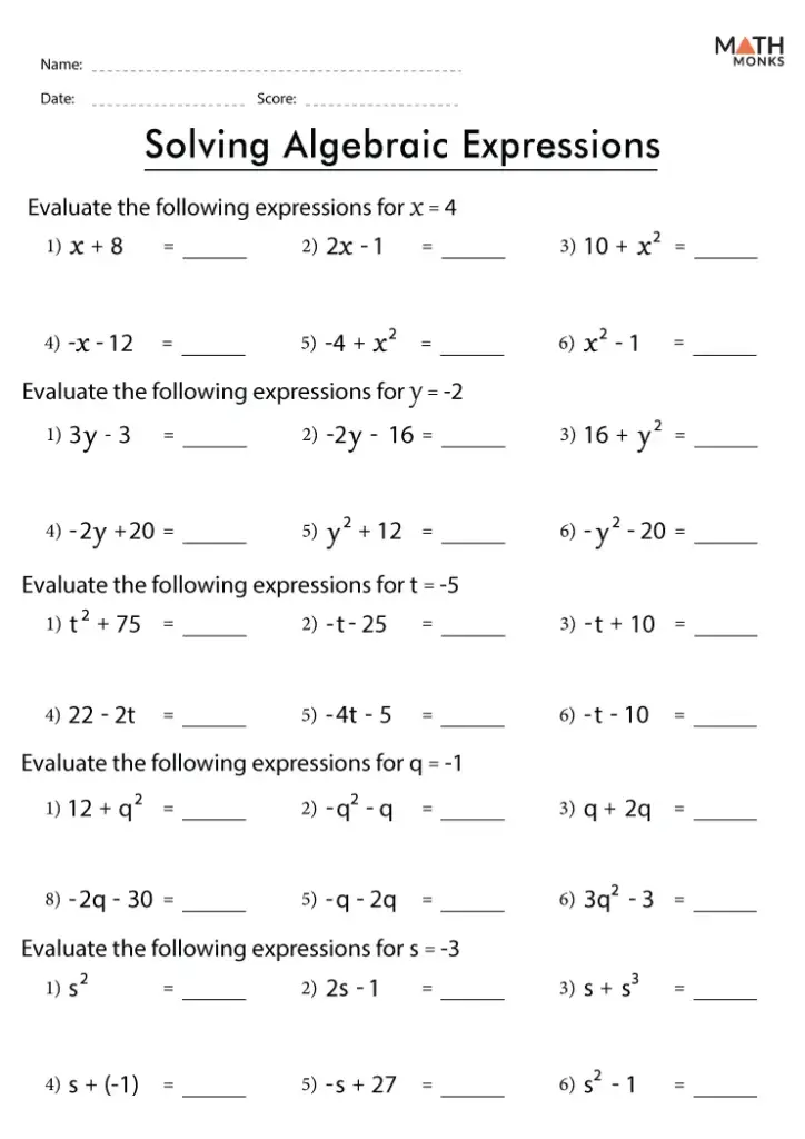 Math worksheet titled Solving Algebraic Expressions