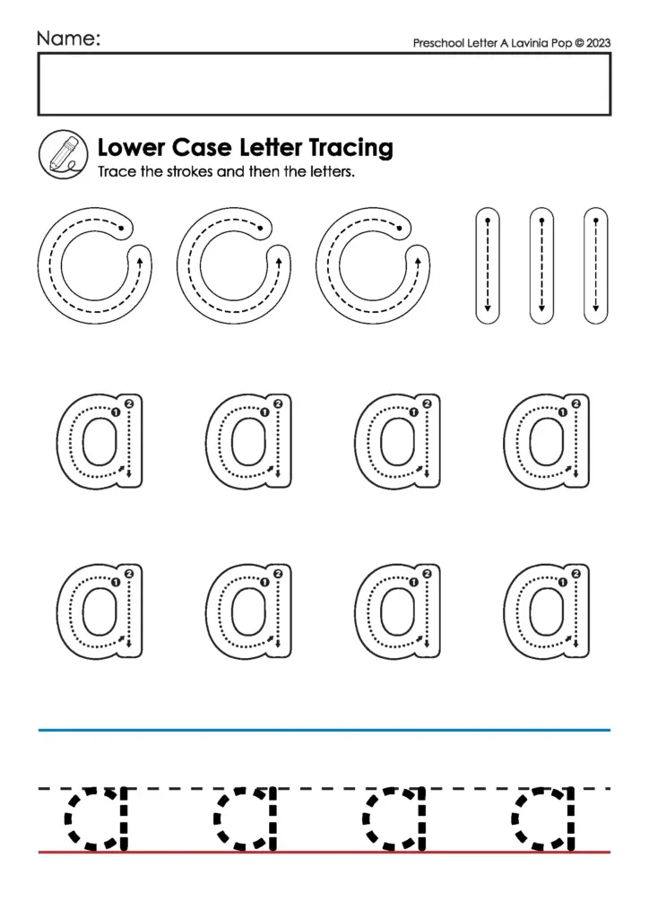 Lowercase letter tracing worksheet with c and a shapes