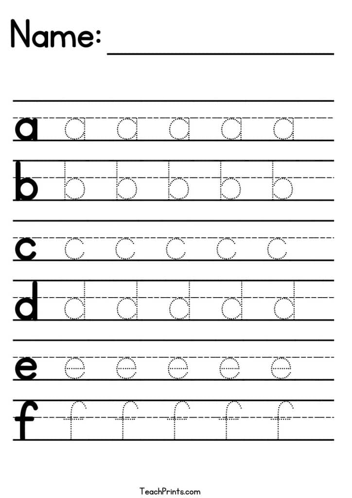 Alphabet tracing worksheet with lowercase a through f