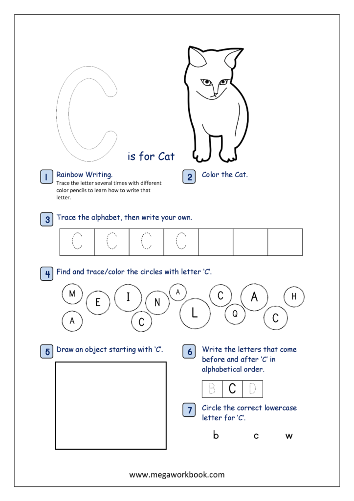 C alphabet worksheet with cat and tracing activities