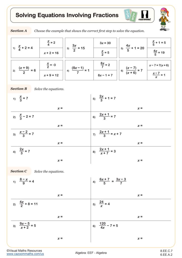 Algebra worksheet titled Solving Equations Involving Fractions