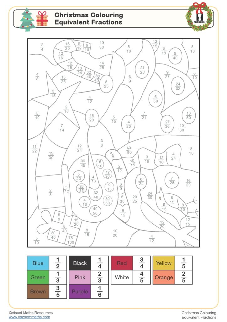 Christmas colouring worksheet with fraction shapes and key