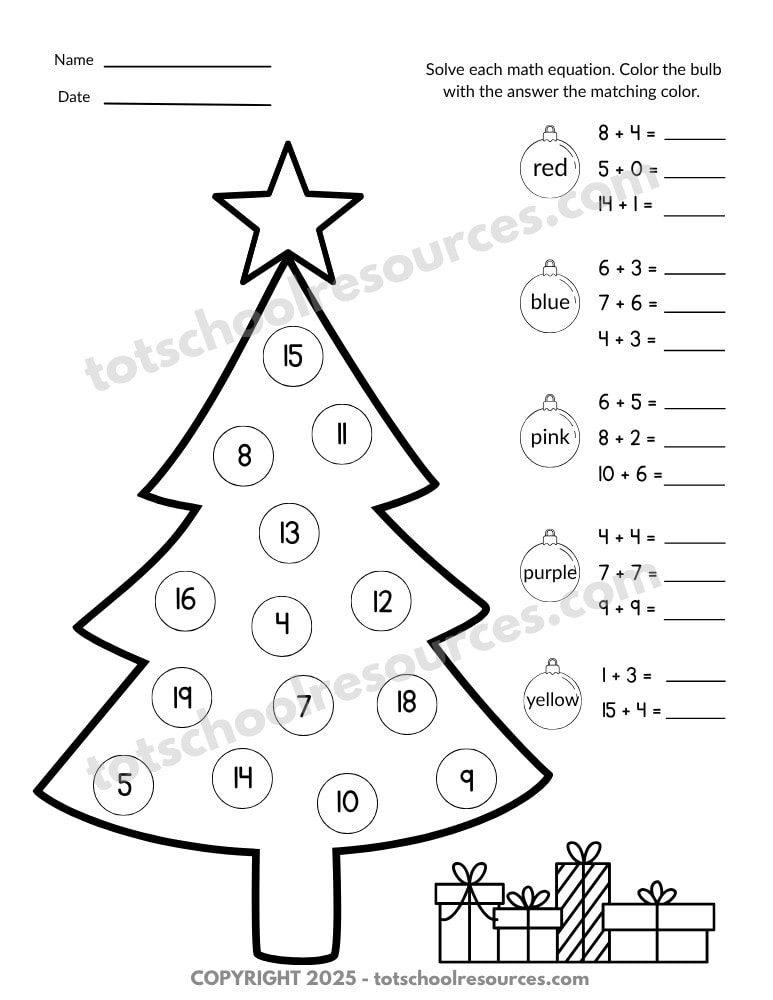 Christmas tree math worksheet with ornament addition problems