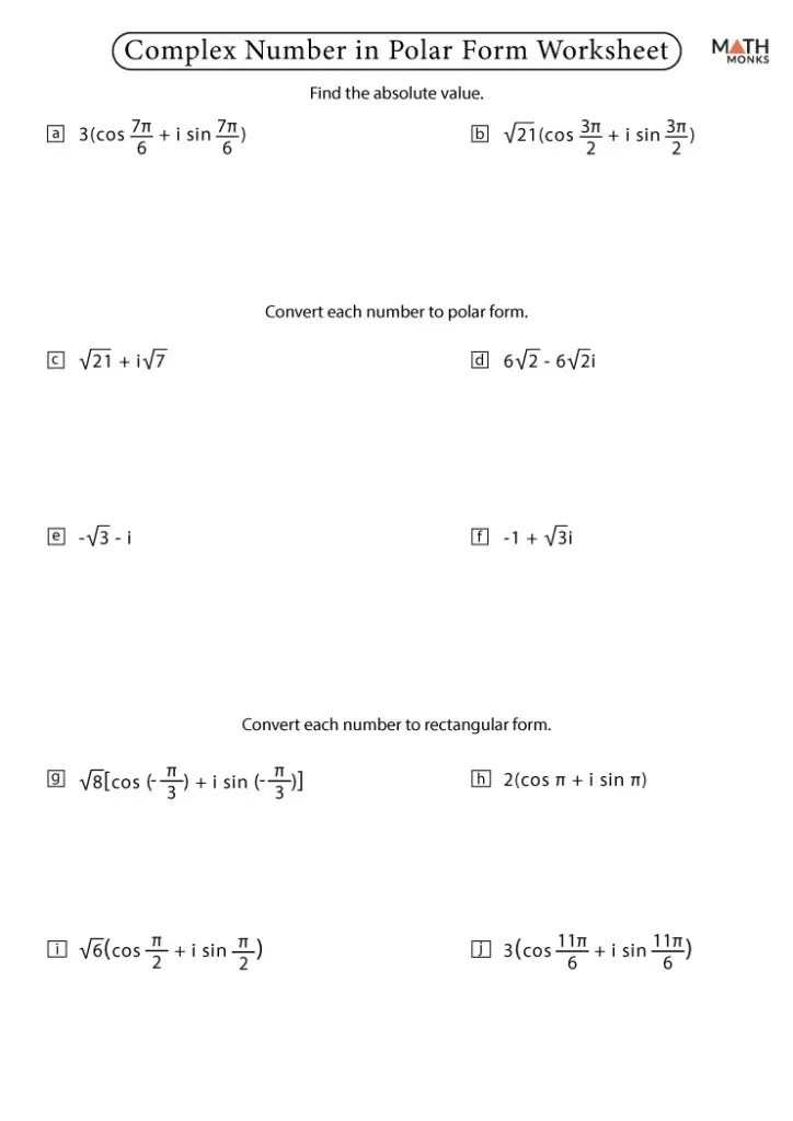 Complex number in polar form worksheet with equations