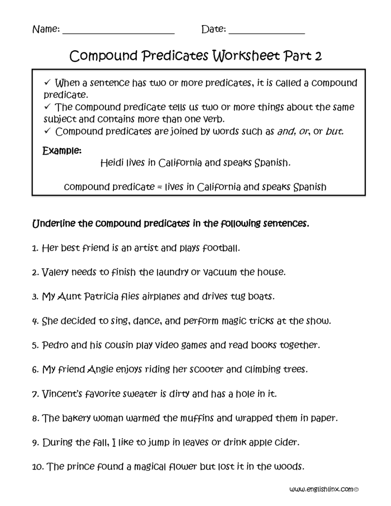 Compound predicates worksheet with example sentences and questions