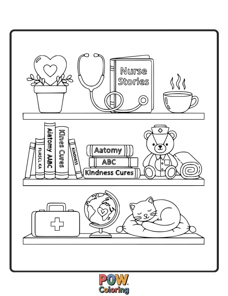 Coloring page with nurse-themed bookshelf illustrations
