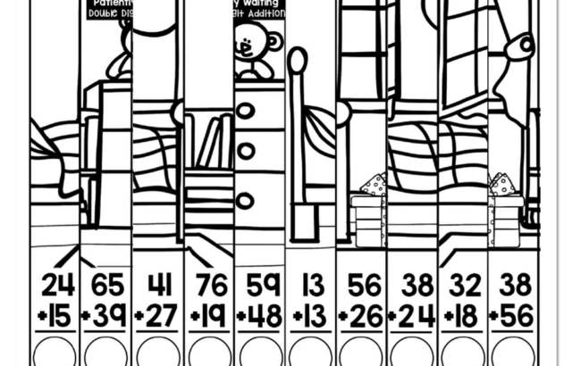 Black-and-white worksheet with hidden picture and addition problems