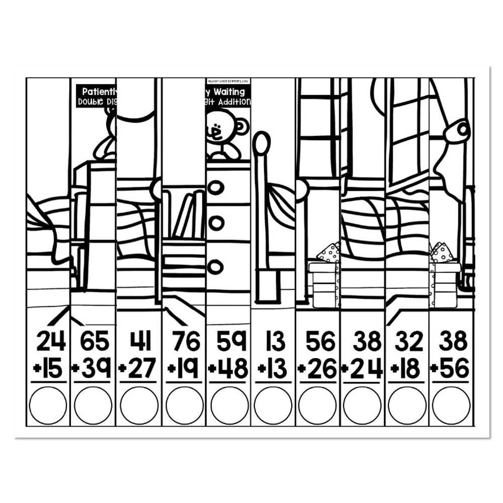 Black-and-white worksheet with hidden picture and addition problems