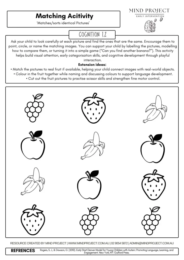 Black-and-white fruit matching worksheet with twelve icons