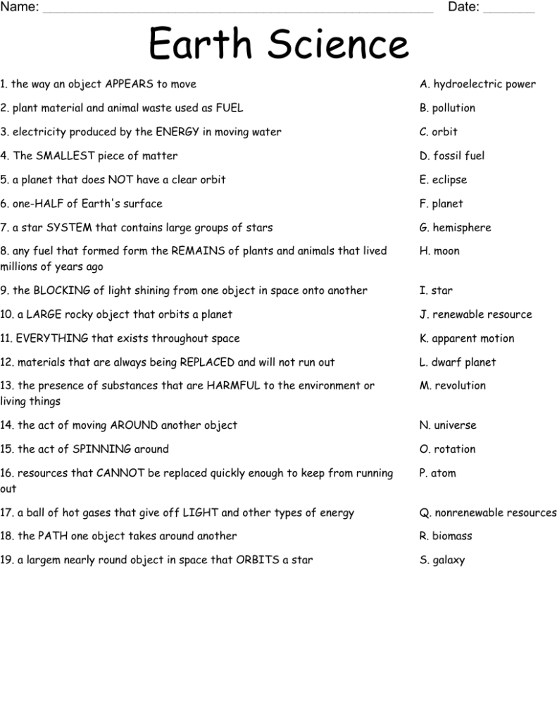 Earth science vocabulary worksheet with matching terms