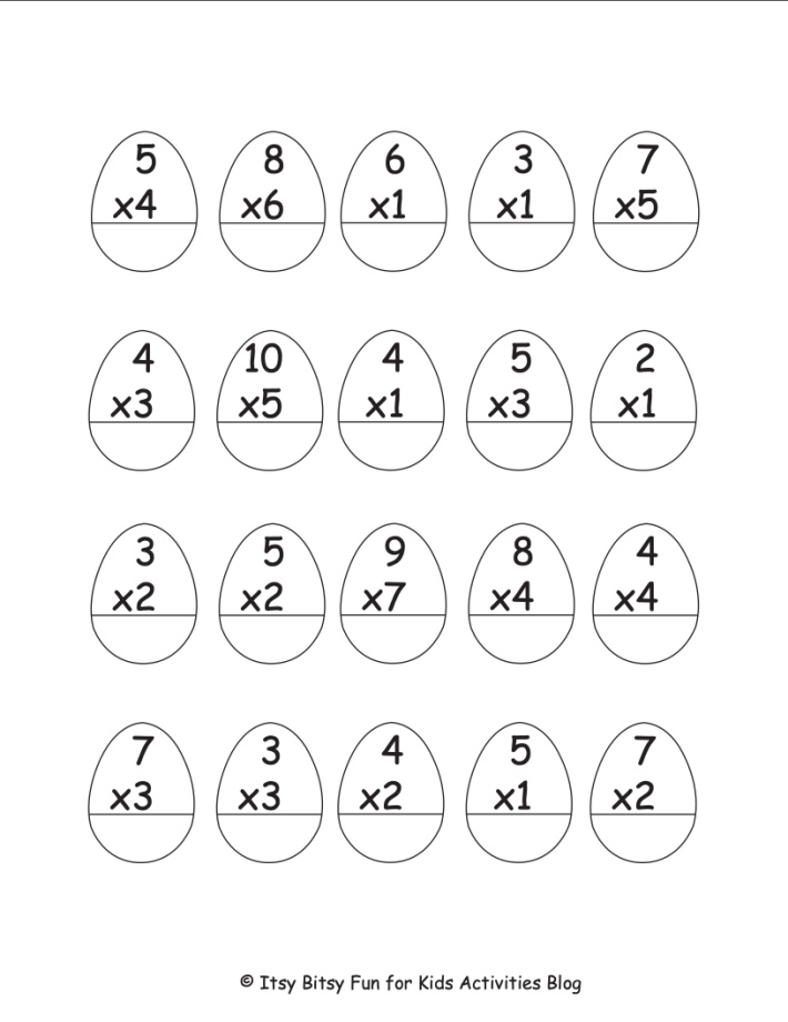 Multiplication problems inside egg shapes on white page