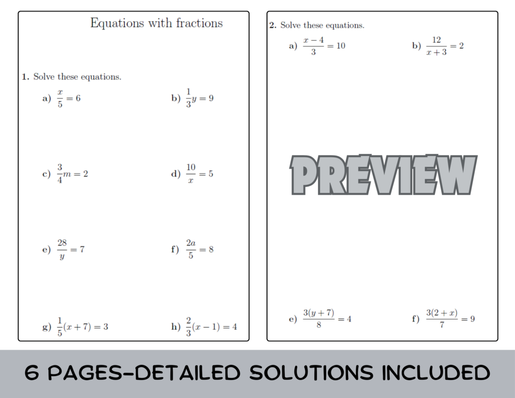 Fractions equations worksheet preview with preview watermark