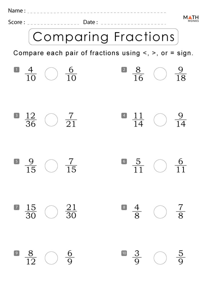 Comparing fractions worksheet with ten pairs of fractions