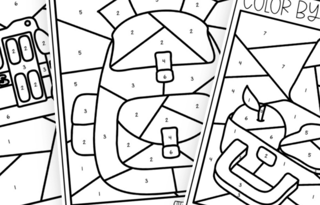 Stack of color-by-number worksheet pages with outlined objects