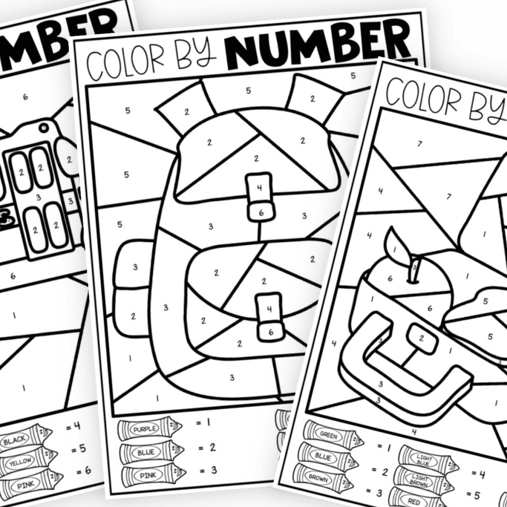 Stack of color-by-number worksheet pages with outlined objects