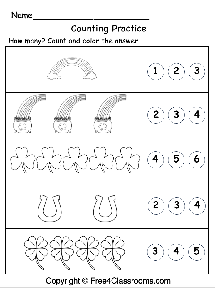 Counting worksheet with rainbows, clovers, horseshoes, shamrocks