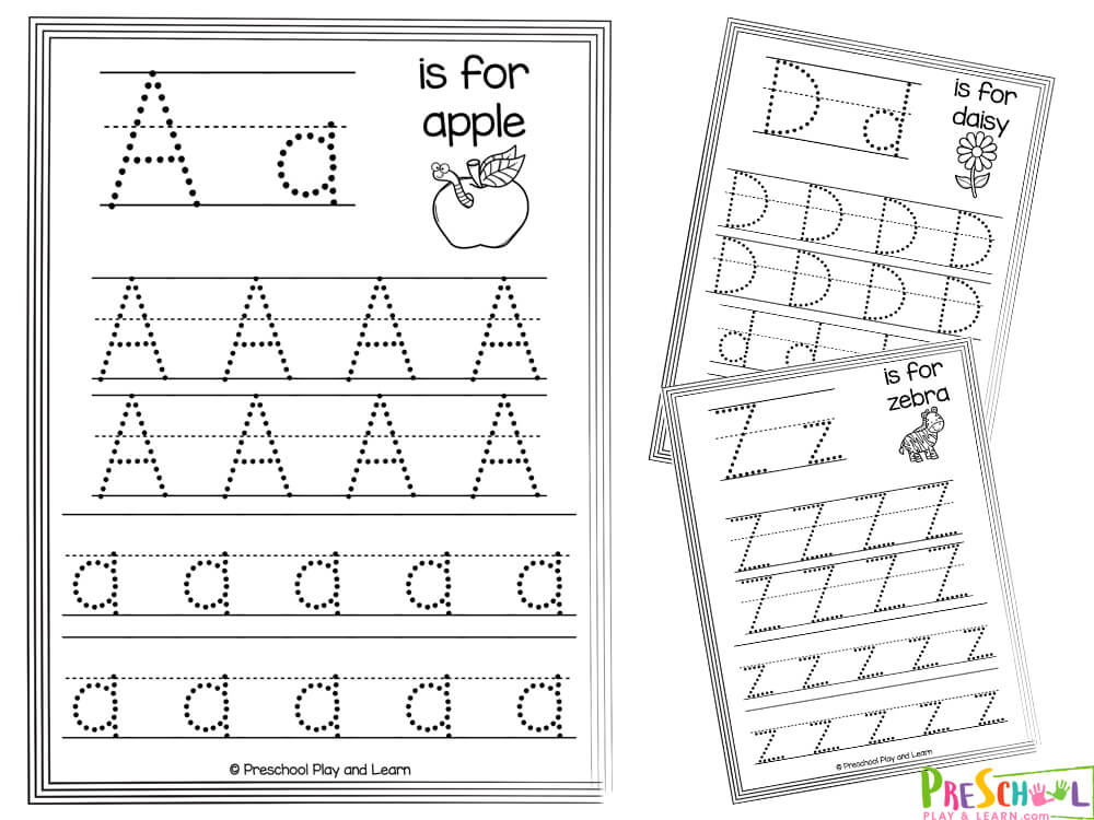 Alphabet tracing worksheets for A, D, and Z