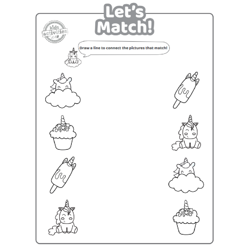Unfinished unicorn matching worksheet with six drawings, title at top