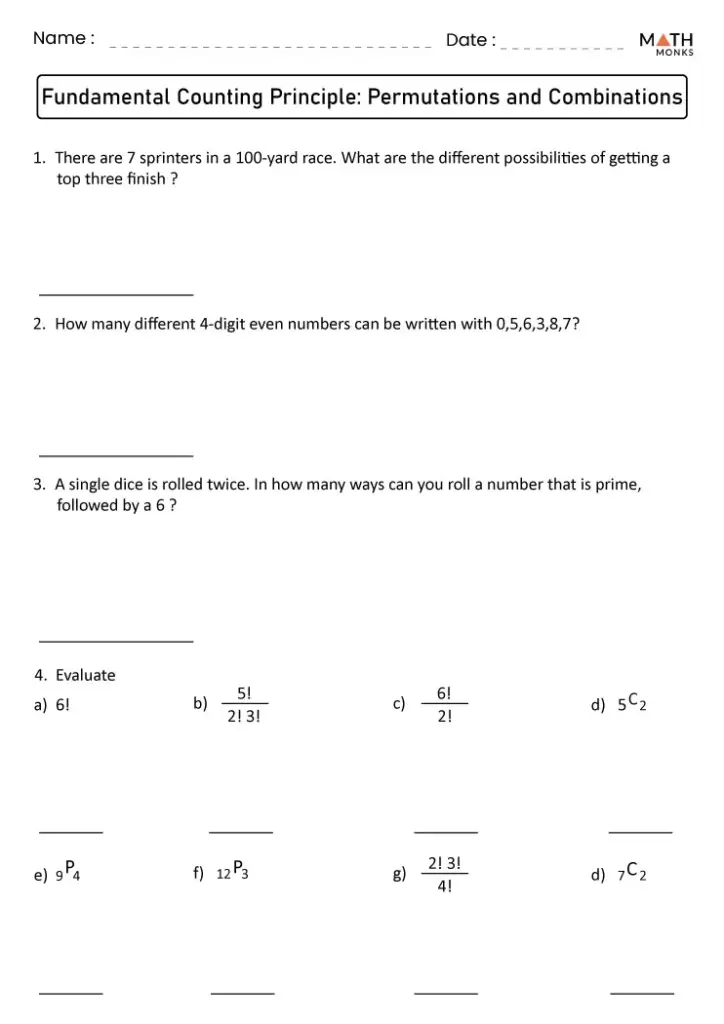 Math worksheet titled Fundamental Counting Principle: Permutations and Combinations