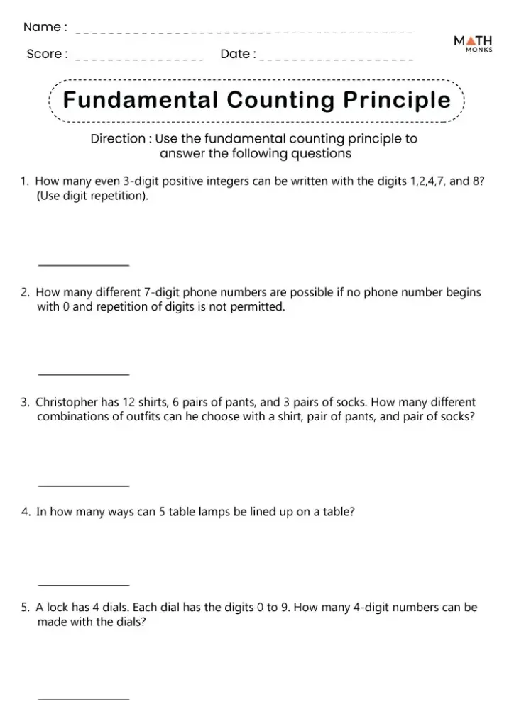 Mathematics worksheet titled Fundamental Counting Principle