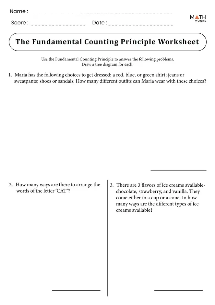 Math worksheet titled “The Fundamental Counting Principle Worksheet