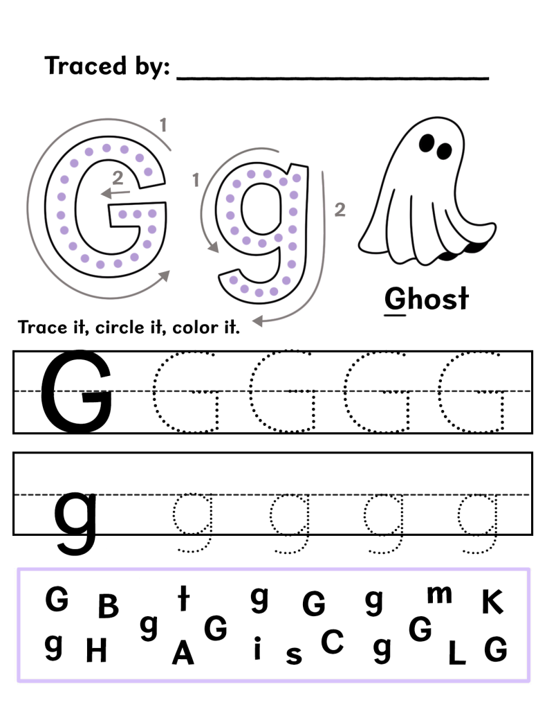 Alphabet tracing worksheet for G and g with ghost