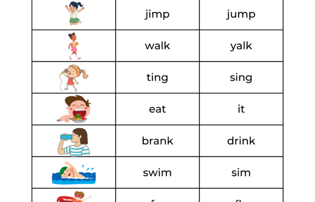 Spelling worksheet with pictures and word choices in table