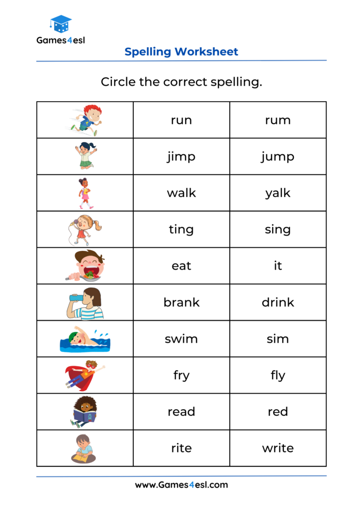 Spelling worksheet with pictures and word choices in table