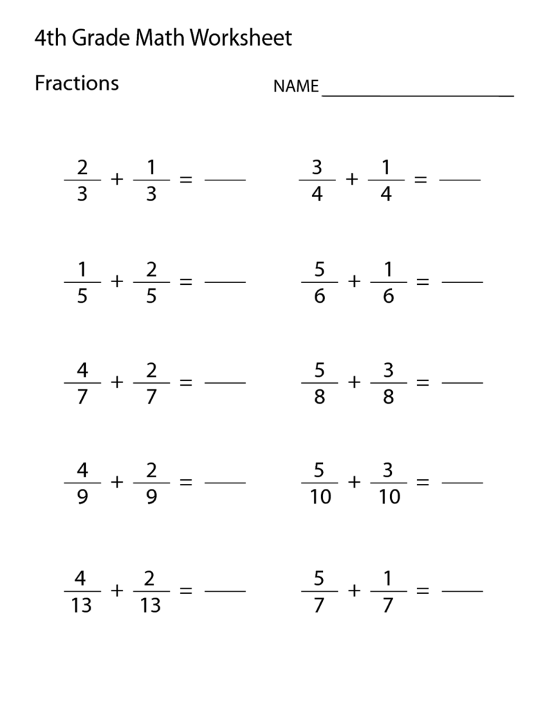 Fractions worksheet with simple addition problems