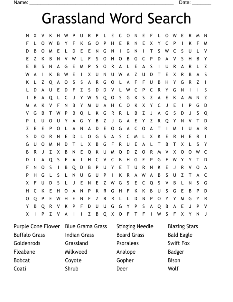 Grassland word search worksheet with animal and plant list