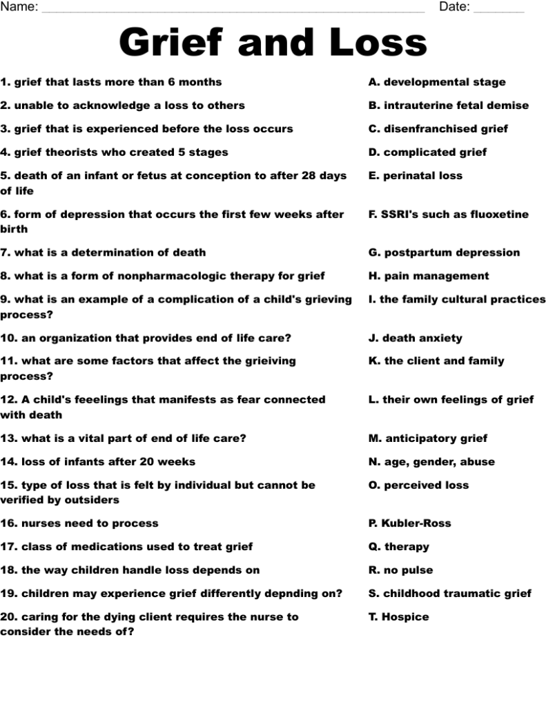 Grief and loss worksheet matching terms and definitions