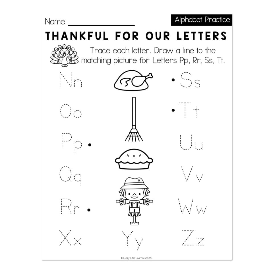 Alphabet practice worksheet with traced letters and pictures