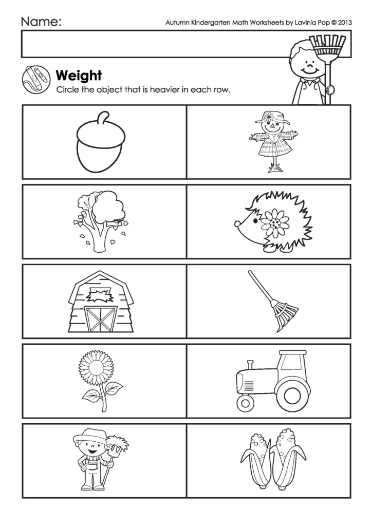Autumn kindergarten math worksheet with weight pictures