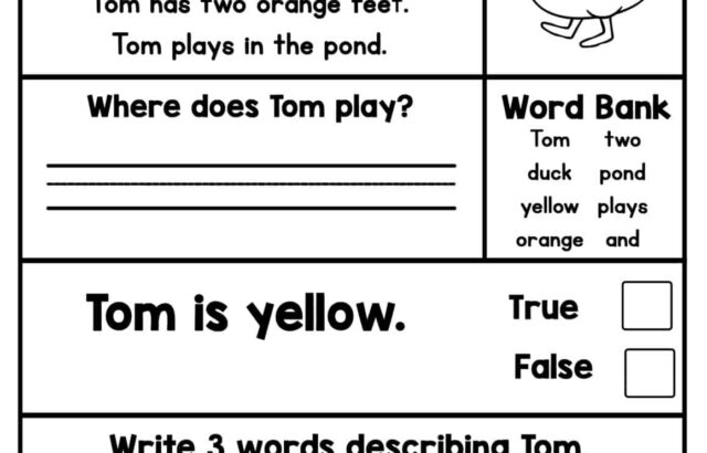 Kindergarten reading worksheet about Tom the Duck