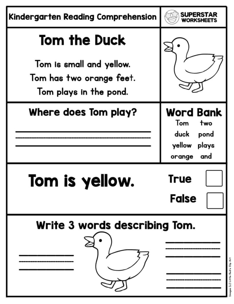 Kindergarten reading worksheet about Tom the Duck