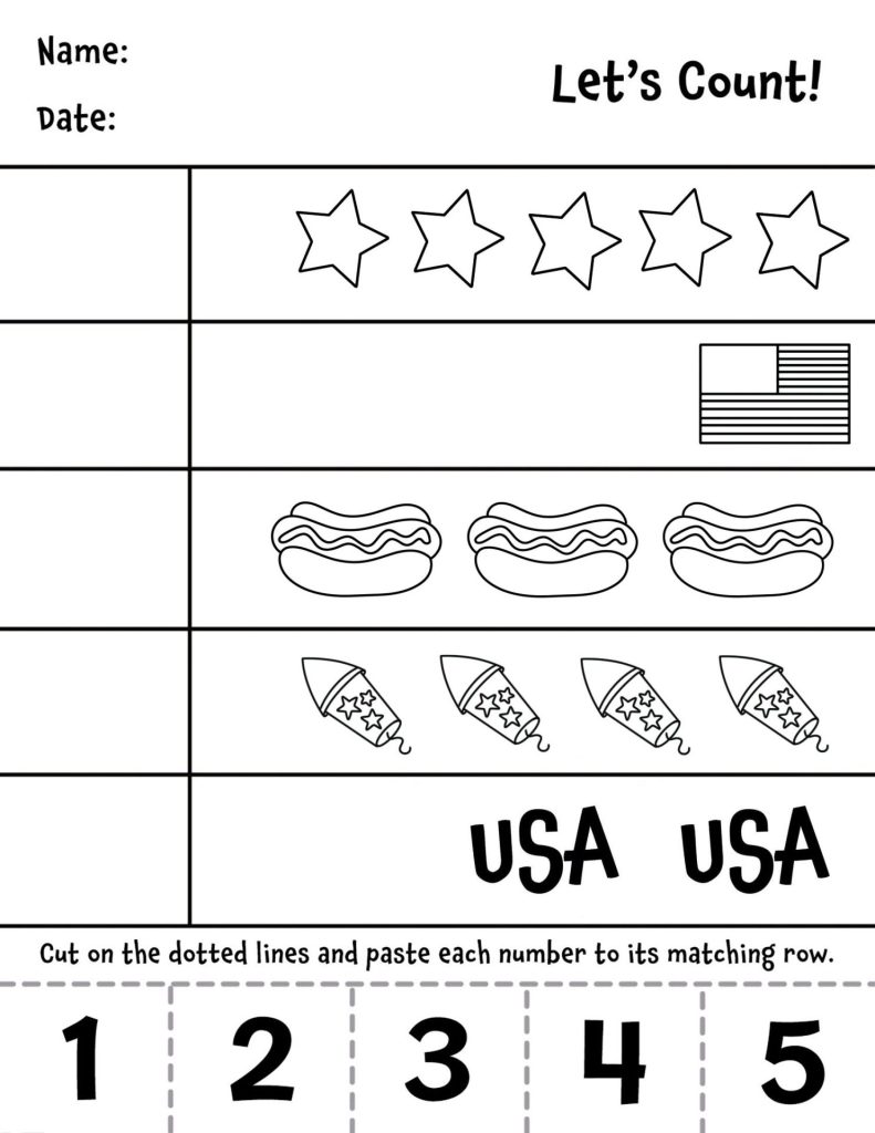 Printable counting worksheet with stars, hot dogs, flags, fireworks, USA text
