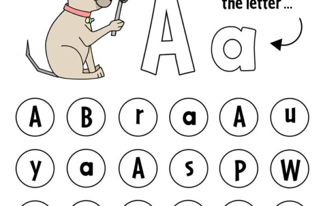 Alphabet worksheet with dog, letter A, and circles