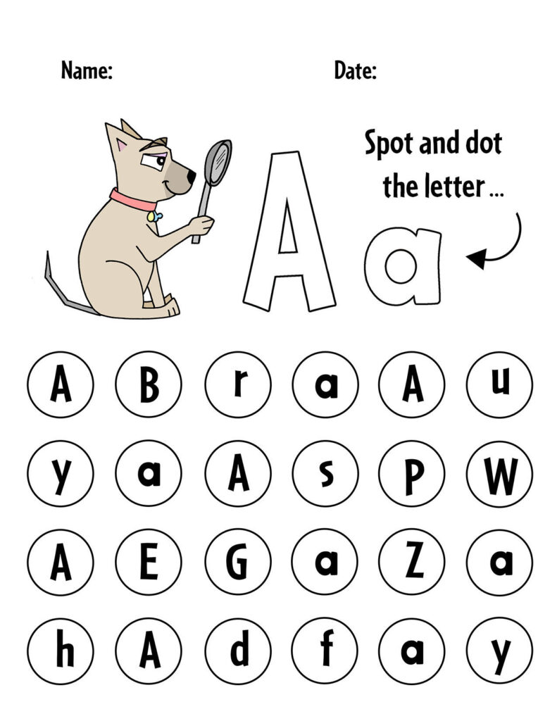 Alphabet worksheet with dog, letter A, and circles