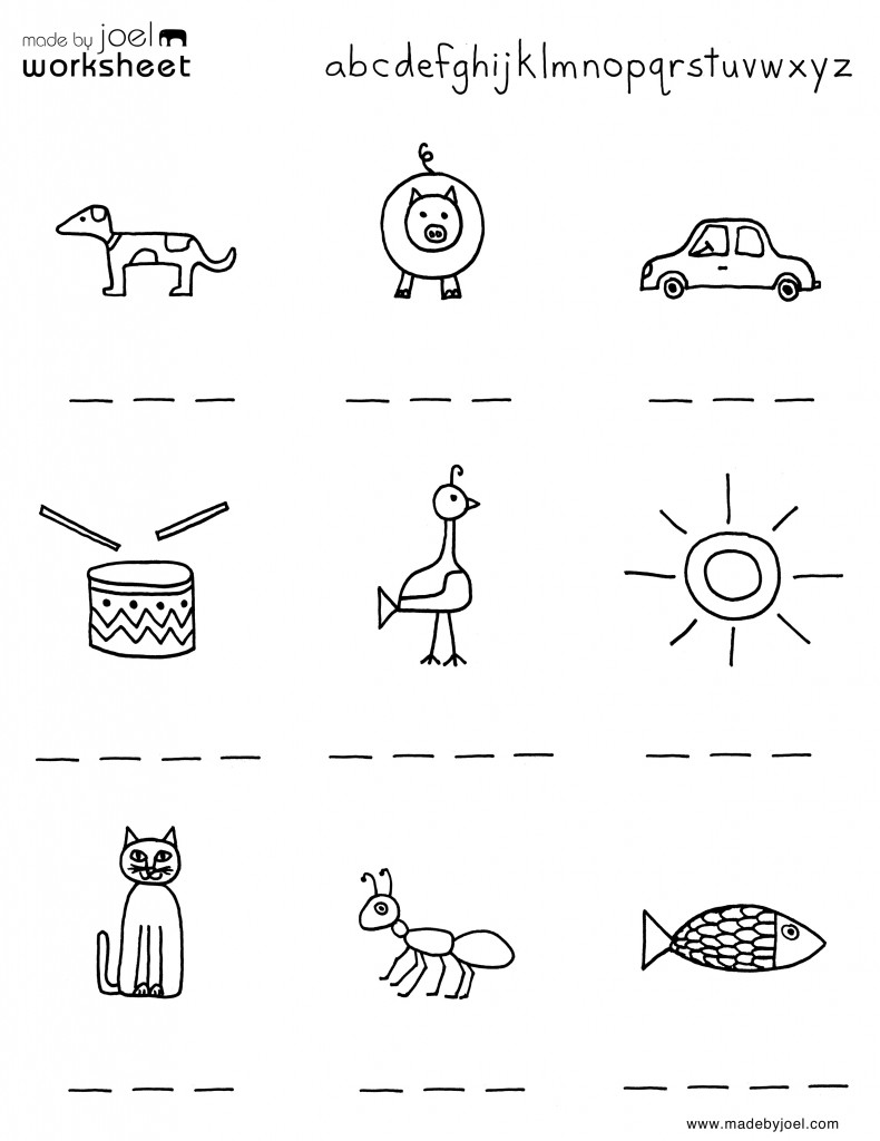 Black-and-white alphabet worksheet with simple animal drawings and blanks