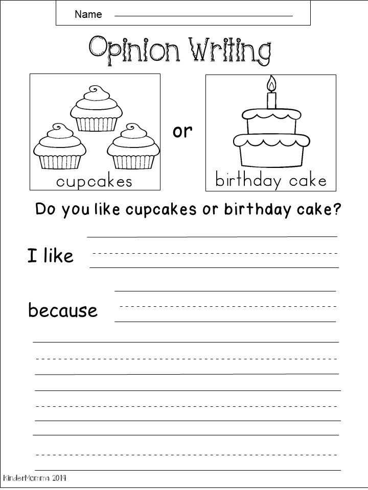 Opinion writing worksheet with cupcakes and birthday cake