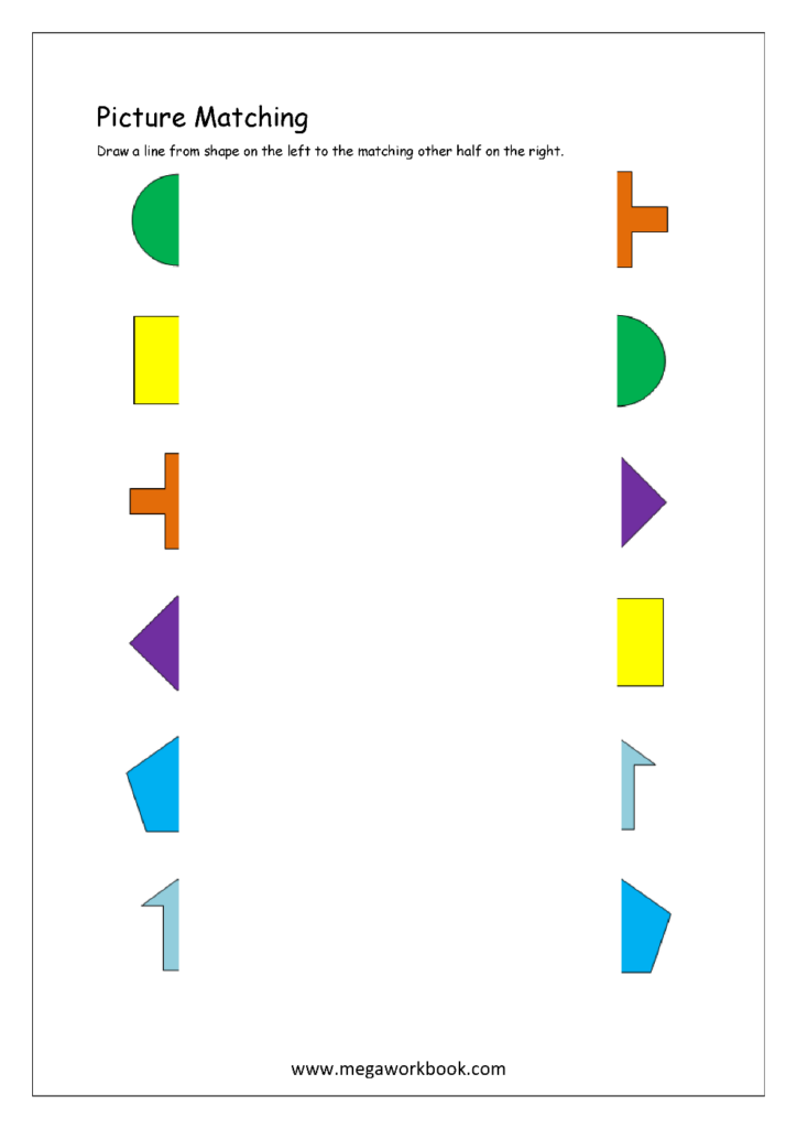 Picture matching worksheet with colorful shapes on white page