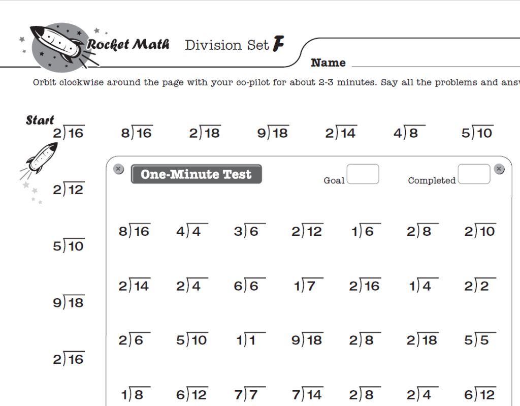 Division math worksheet with rocket theme and problems