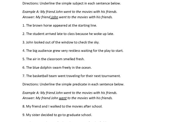 Simple subject and predicate grammar worksheet page