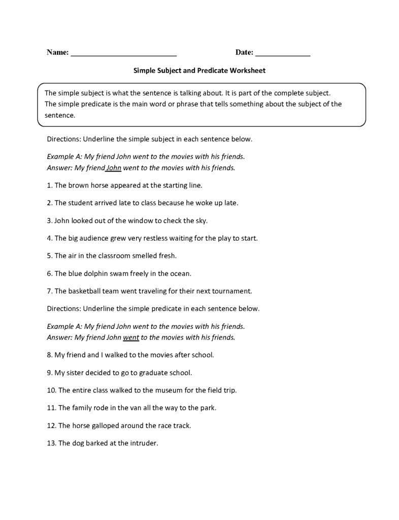 Simple subject and predicate grammar worksheet page