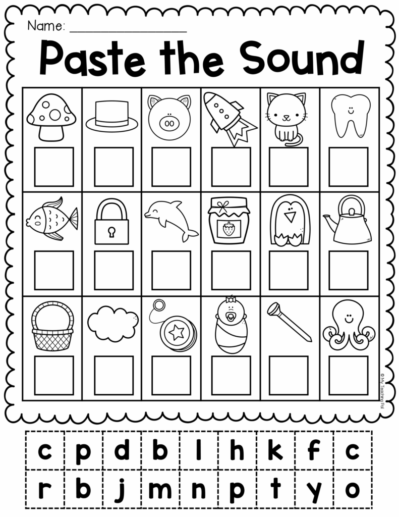 Phonics worksheet with pictures and letter tiles